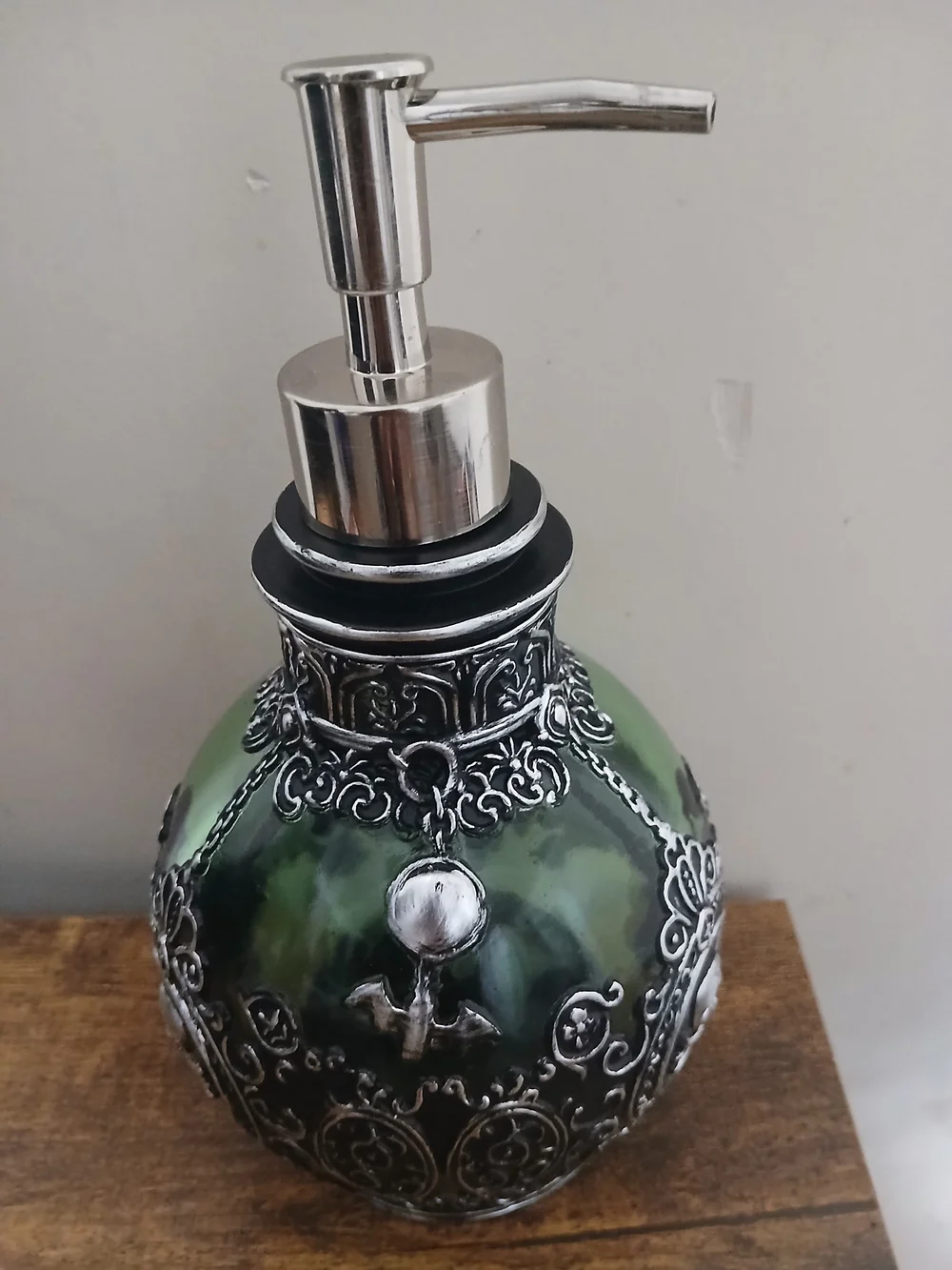 Ornate Green Glass Soap Dispenser with Silver Accents